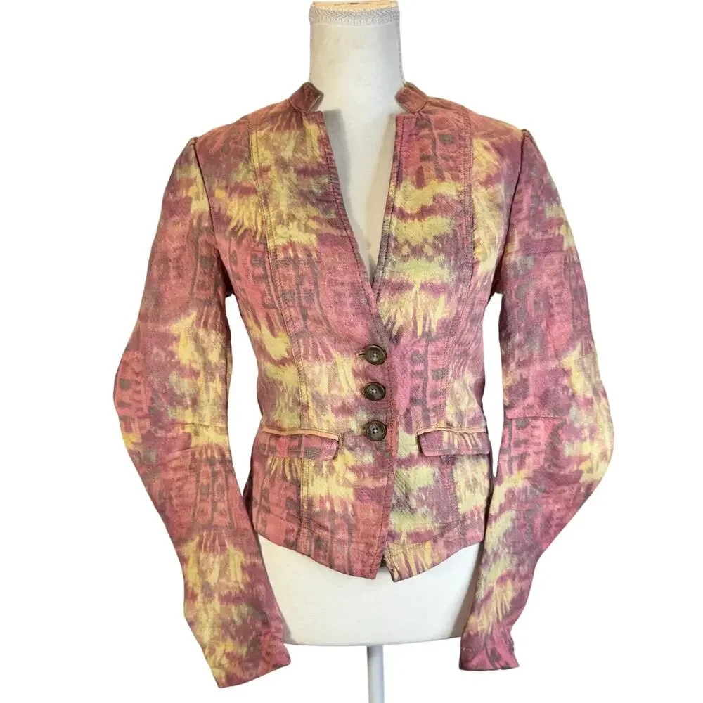 Free People Ikat Tribal Tie Dye Blazer Jacket Women’s 2 Cotton Boho Y2K Western - Picture 3 of 16